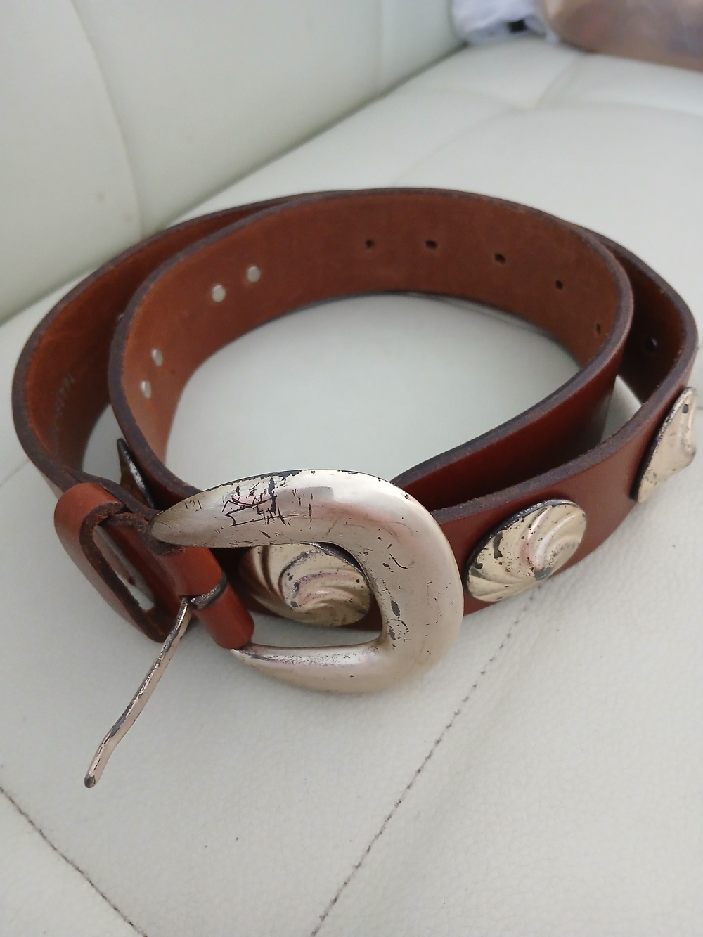 Brown Leather Belt with Silver-tone Conchos - Picture 1 of 7